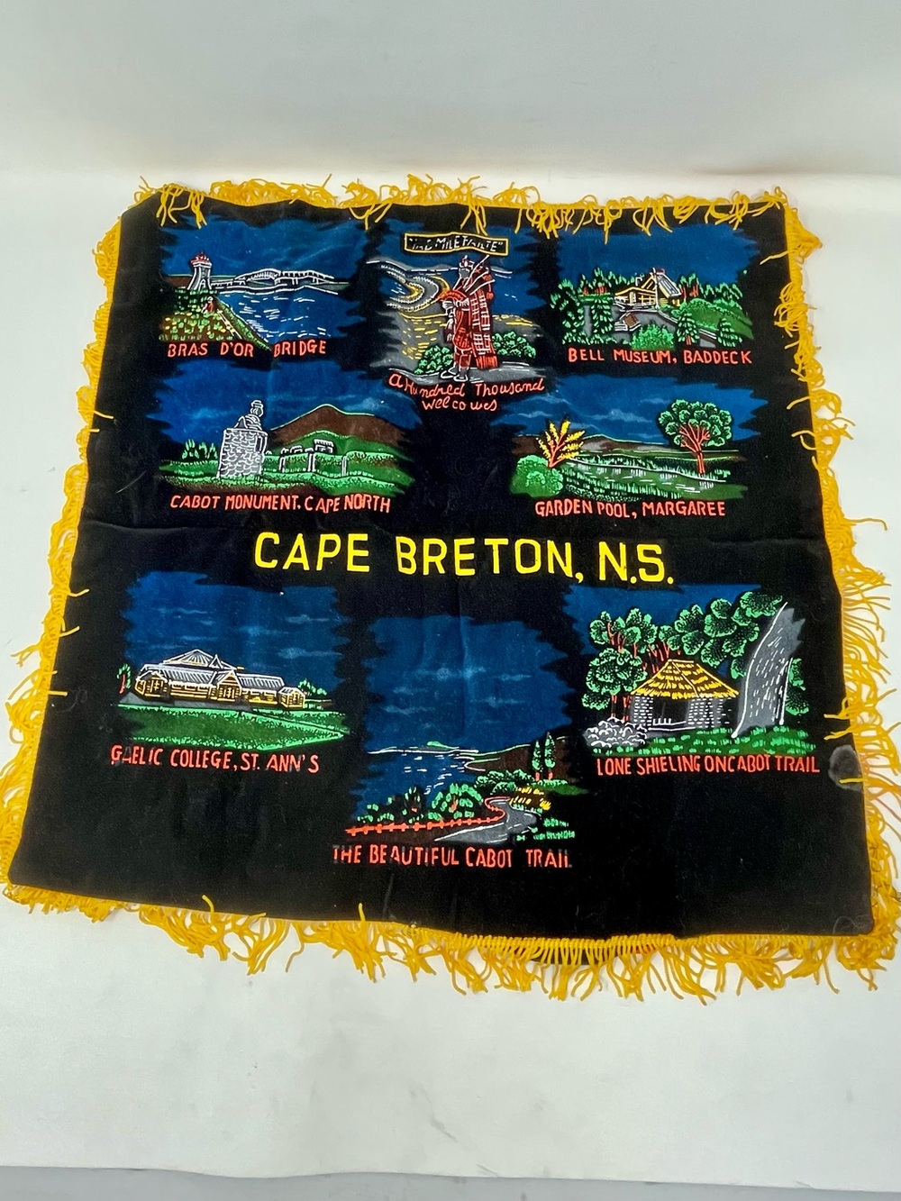 Cape Breton, N.S. Black Velvet Souvenir Decorative Pillow Sham, Yellow Fringe